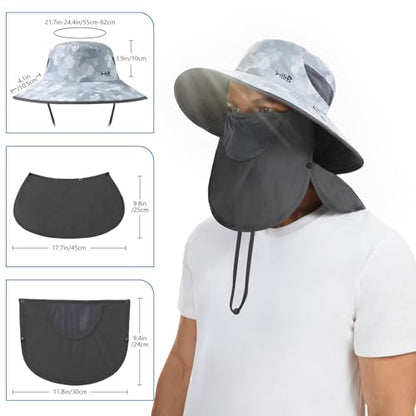 BASSDASH UPF 50+ Breathable Sun Hat with Removable Face Cover and Neck Flap Wide Brim Bucket Hat for Fishing Hiking Men Women - color: Light Grey Camo/Dark Grey