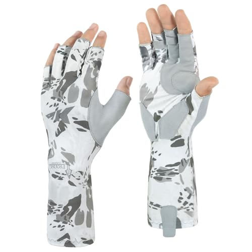 KastKing Agies Fishing Gloves Men, UPF 50+ Sun Gloves UV Protection, Cooling Quick-Dry 3/4 Fingerless Gloves with Extended Cuff, Microfiber Palm & Pull Tabs, for Fishing, Kayaking, Hiking, Hunting - color: X Camo-White, size: Small-Medium