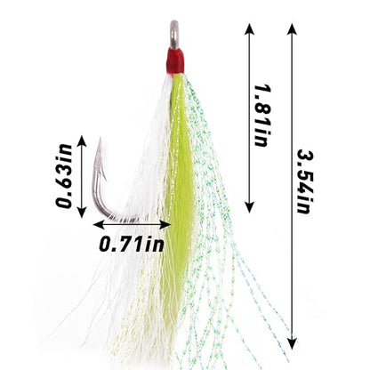 Bucktail Teasers Fishing Hooks Saltwater Flounder Rig Bucktail Mylar Teasers Inserted Stainless Steel Fishing Teaser Hooks for Striped Bass Trout Catfish Cod Flounder Hi/Lo Rig Jigs Spoons Lures - color: Green, size: 12pcs