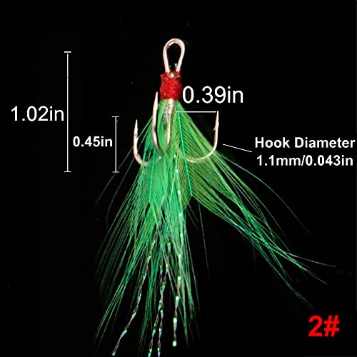 20Pcs Treble Fishing Hooks with Feather Size Stainless Steel Barbed Sharp Triple Fishhook with Box for Saltwater Freshwater - color: 20pcs-Green Feather, size: 6#