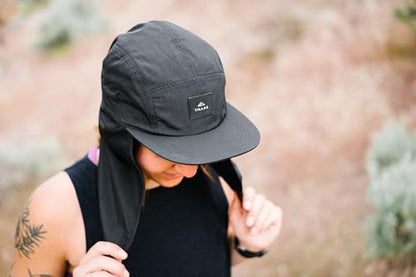 Tillak Chamisa Sun Hat, Lightweight Nylon 5 Panel Cap with Hide-able Neck Shade and Spring Cord - color: Black