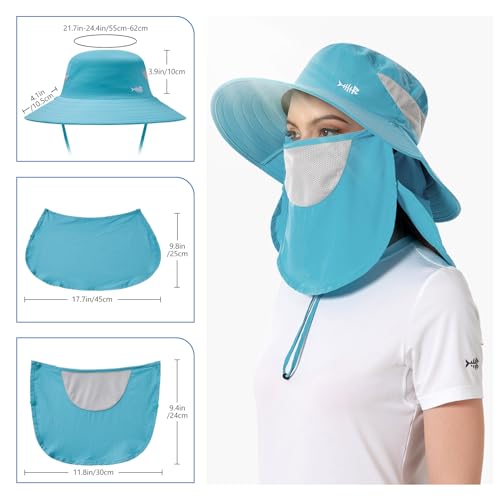 BASSDASH UPF 50+ Breathable Sun Hat with Removable Face Cover and Neck Flap Wide Brim Bucket Hat for Fishing Hiking Men Women - color: Light Blue