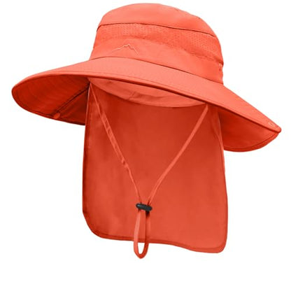 Sun Hats for Men Women, UPF50+ Protection Safari Hat,Wide Brim Fishing Hat with Neck Flap,Bucket Hats for Beach Hiking - color: Orange