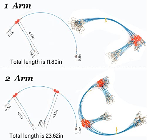 YOTO Fishing Leaders,Saltwater Tackle Rig with Swivels Snap, High-Strength Fishing Wire Gear Equipment for Lures Bait Or Hooks,1Arm and 2Arm - color: Blue Stainless Steel Leaders, style: 1arm+2arm,24pack