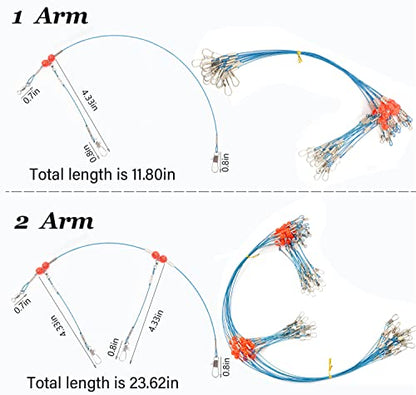 YOTO Fishing Leaders,Saltwater Tackle Rig with Swivels Snap, High-Strength Fishing Wire Gear Equipment for Lures Bait Or Hooks,1Arm and 2Arm - color: Blue Stainless Steel Leaders, style: 1arm，24pack