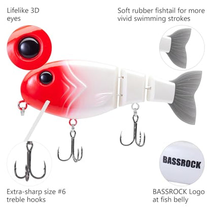 BASSROCK Topwater Fishing Lures for Bass Pike Salmon Floating Swimbait Jointed Crankbait Freshwater Saltwater 4.9in/1.76oz RK1001 - color: Red Head, size: 3.9in/1.04oz