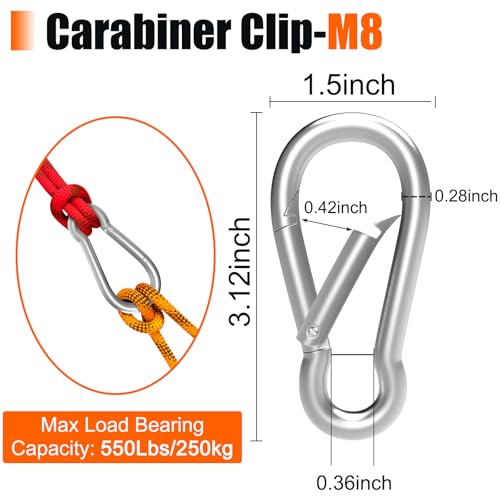 Heavy-Duty Carabiner Clip 1.57"–5.5", Black/Silver Spring Snap Hook, Quick Link Keychain Clip for Keys, Swing Set, Camping, Fishing, Hiking & Traveling (120–1350 lbs) - color: Silver, size: 3.16 inch (M8) - 16 pcs