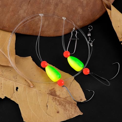 Alwonder 5-Pack Pompano Rigs Surf Fishing Rigs with Snell Floats, Saltwater Live Bait Rig Swivels Duo Lock Snaps Circle Wide Gap Kahle Hooks Rig for Beach Surf Casting Pier Jetty Fishing - color: Green & Yellow 5-Pack, size: #2 Wide Gap Hook
