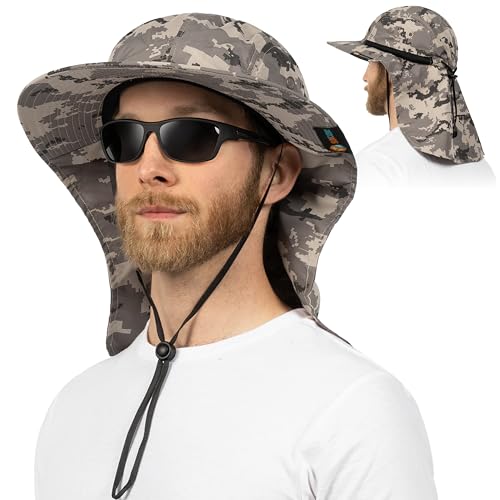SUN CUBE UPF50+ Sun Hat for Men Women with Neck Flap, Wide Brim UV Protection Fishing Safari Hat for Hiking Beach Gardening - color: Gray Camo
