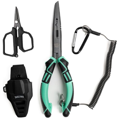 Tackle Boss Outlaw Fishing Pliers & Tool Set – 7.5" Stainless Steel Fishing Pliers, Braid Scissors, Hook Remover & Line Cutter with Holster and Lanyard, Freshwater & Saltwater Fishing Gear - color: Teal