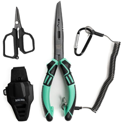 Tackle Boss Outlaw Fishing Pliers & Tool Set – 7.5" Stainless Steel Fishing Pliers, Braid Scissors, Hook Remover & Line Cutter with Holster and Lanyard, Freshwater & Saltwater Fishing Gear - color: Teal