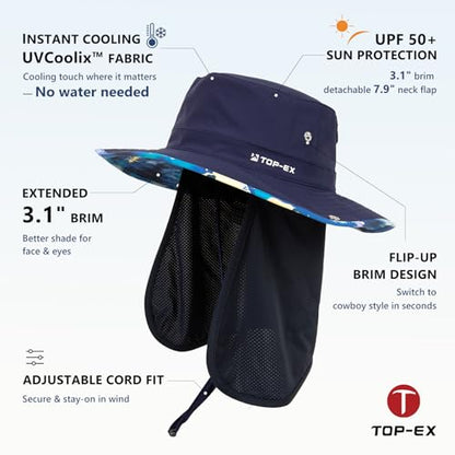 Unisex UVCoolix™ Cooling Sun Hat with Detachable Neck Flap | UPF 50+ Protection, Wide Brim Bucket Hat for Hiking, Fishing & Big Heads - color: Midnight Nebula Blue, size: Medium-Large