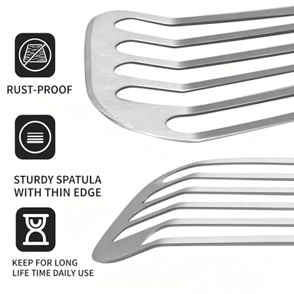 KSENDALO Thin Flexible & Sturdy Fish Spatula Stainless Steel for Kitchen Cooking Use Fish Spatula Egg Flipper Bbq Flipper Stainless Steel Blade Silicone Handle Heat Resistant Dishwasher Safe-Silver