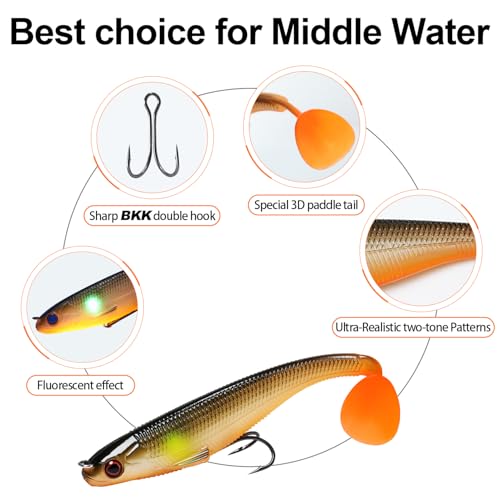 TRUSCEND Shadtale Easy Catch Soft Fishing Lures, Unique Vibration and Action for Various Rigs, Paddle Tail Swimbaits Trailer for Bass, Trout, Crappie, Walleye, Redfish, Saltwater & Freshwater Fishing - color: A-4",3/8oz