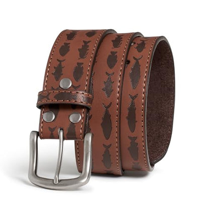 BC Belts Mens Fishing Leather Belt Strap and Metal Buckle 1.5" Wide with Snaps - Ocean Lake River Fishing Angler Bass - size: X-Large (40-42" Waist)