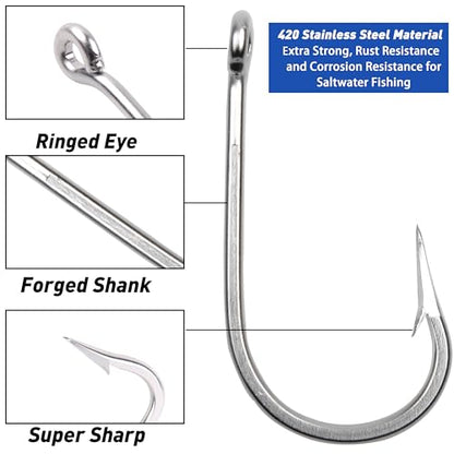 Fishing Hooks Saltwater Tuna Hooks, 15pcs Stainless Steel Big Game Hooks Forged Ringed Extra Strong Saltwater Fishing Tackle for Salmon Tuna Fishing - size: 11/0