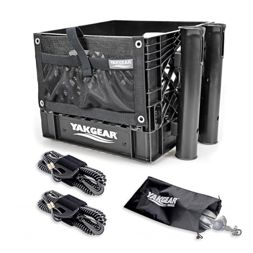 YakGear Kayak Angler Kit Crate – Basic | Complete Kayak Fishing Storage System with Double Rod Holder, Accessory Pouch, Anchor Kit, Utility Leashes & Heavy-Duty Milk Crate