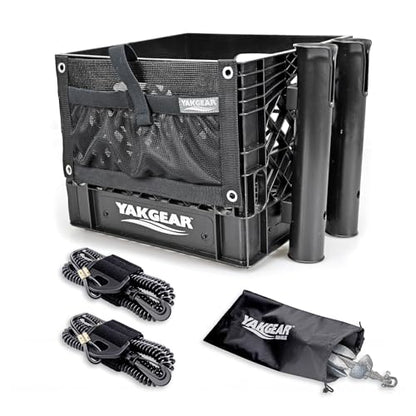 YakGear Kayak Angler Kit Crate – Basic | Complete Kayak Fishing Storage System with Double Rod Holder, Accessory Pouch, Anchor Kit, Utility Leashes & Heavy-Duty Milk Crate