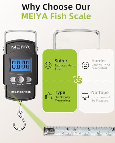 MEIYA Fish Scale 110lb/50kg Digital Fishing Scale with Backlit LCD, Portable Handle, Stainless Steel Hook, Built-in Tape Measure & 2 AAA Batteries, Reliable Fishing Gear & Great Fishing Gifts for Men