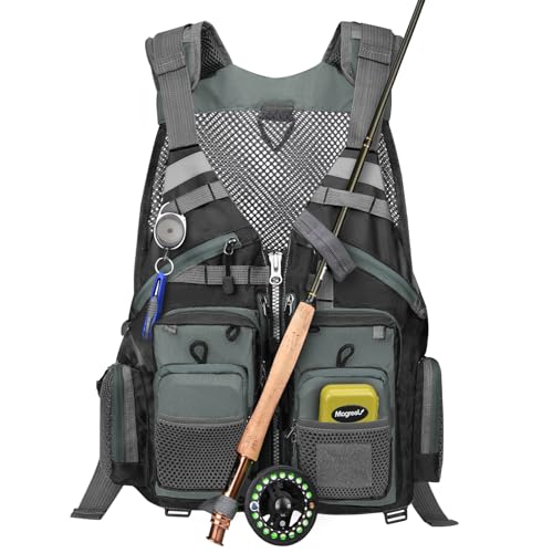 Gonex Fly Fishing Vest for Men Women, Comfortable Adjustable Fishing Vest with Multi-Pockets Reflective Stripes - color: Gray+black