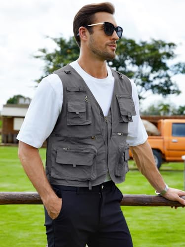Gihuo Mens Fishing Vest Lightweight Utility Vests Cargo Outdoor Safari Travel Vest with Pockets - color: Grey, size: Medium