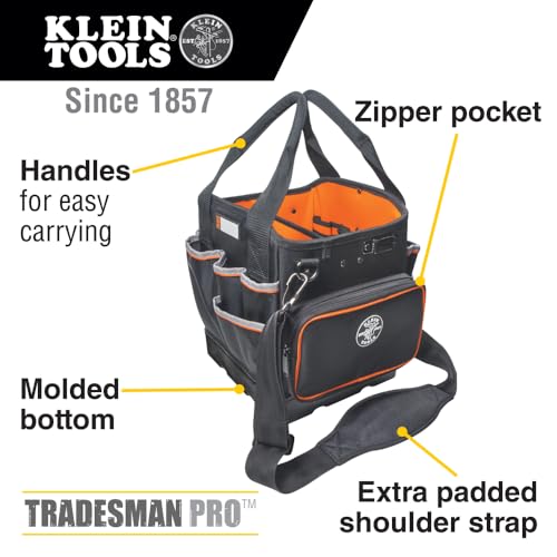 Klein Tools 5541610-14 Tool Bag with Shoulder Strap Has 40 Pockets for Tool Storage and Orange Interior - size: 10-Inch Tote
