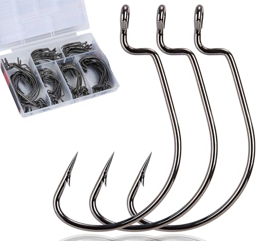120Pcs Bass Hooks Set, Strong Offset Bass Fishing Hooks Freshwater Barbed Sharp Worm Hooks for Texas Rigging Fishing Extra Wide Gap 6 Sizes Assorted #1 1/0 2/0 3/0 4/0 5/0