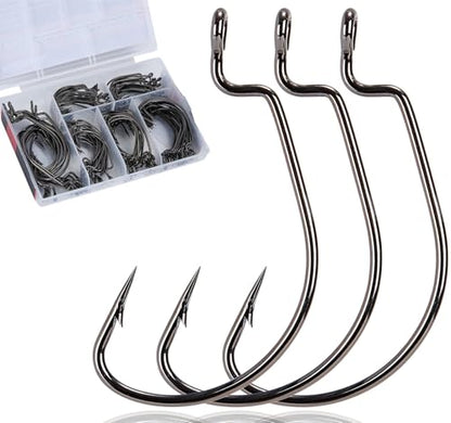 120Pcs Bass Hooks Set, Strong Offset Bass Fishing Hooks Freshwater Barbed Sharp Worm Hooks for Texas Rigging Fishing Extra Wide Gap 6 Sizes Assorted #1 1/0 2/0 3/0 4/0 5/0