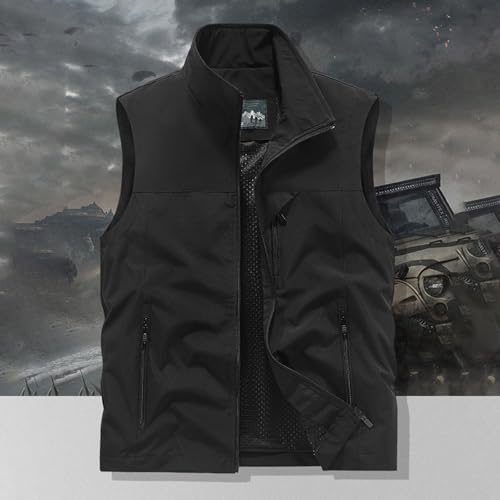 Mens Vests Sleeveless Zip Up Jacket Lightweight Casual Golf Windbreakers Hiking Work Tactical Vests Slim fit Outerwear - color: A01-black, size: 6X-Large
