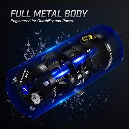 Piscifun Chaos XS Baitcasting Fishing Reel, Reinforced Metal Body Round Baitcaster Reel, Smooth Powerful Saltwater Inshore Surf Trolling Reel, Conventional Reel for Catfish, Musky, Bass, Pike - color: Blue, style: 50 Left Hand Retrieve
