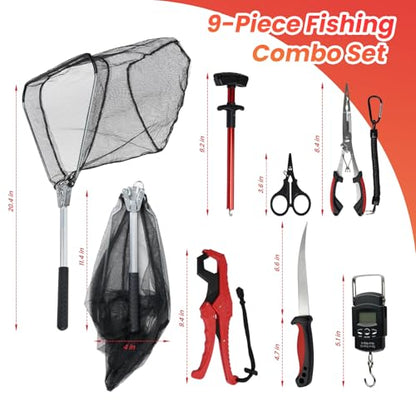 RAWILL 9 Pcs Fishing Tool Kit, Fishing Pliers with Lanyard and Protective Sheaths, Landing Net, Fillet Knife, Fish Scale, Gripper - color: Red