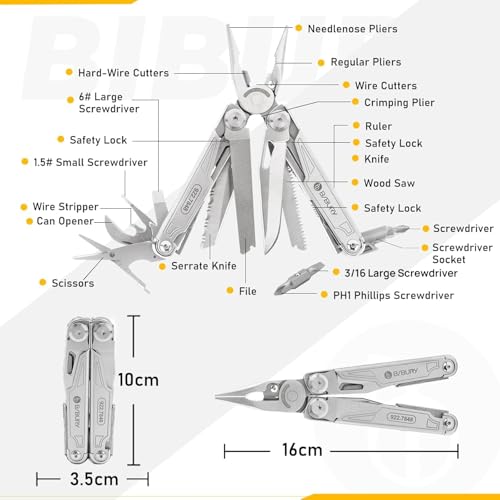 BIBURY Multitool with Pocket Knife, 19-in-1 Stainless Steel Pliers with Scissors, Self-locking Multi tools with EDC Sheath for Home, Camping, Hiking, Survival, Gifts for Men, BI2038A - size: 19-IN-1