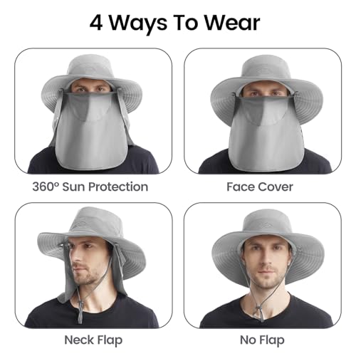 Sun Hats for Men Women, UPF 50+ Waterproof Bucket Hat, Wide Brim Fishing Hat with Removable Face Cover & Neck Flap - color: Black