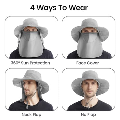 Sun Hats for Men Women, UPF 50+ Waterproof Bucket Hat, Wide Brim Fishing Hat with Removable Face Cover & Neck Flap - color: Black