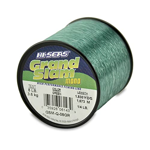 HI-SEAS Grand Slam Monofilament Fishing Line - Strong & Abrasion Resistant in Clear, Pink, Green, Smoke Blue, Fluorescent Yellow Freshwater & Saltwater – Quarter Pound Spool - color: Green, style: 8 Lb Test, 0.27 Mm Dia, 1830 Yd