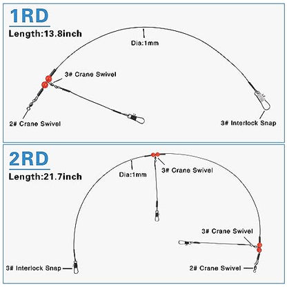 Fishing Leader Rigs Saltwater Freshwater Stainless Steel Wire Leader Fishing Rigs with Swivels Snaps Beads 1-3 Arms Saltwater Rig Wire Bottom rigs for Trolling Pier Surf Fishing Tackle - color: Black-1 Arm-12pcs