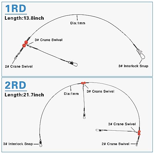 Fishing Leader Rigs Saltwater Freshwater Stainless Steel Wire Leader Fishing Rigs with Swivels Snaps Beads 1-3 Arms Saltwater Rig Wire Bottom rigs for Trolling Pier Surf Fishing Tackle - color: Black-2 Arm-12pcs