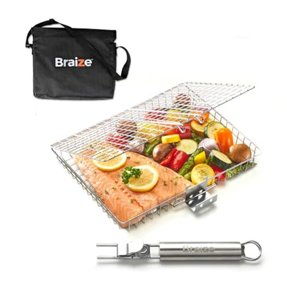 Stainless Steel Large Grill Basket with Easy Open/Close Lid and Removable Handle - 12.25 x 9.5 x 1.5 Inches - Includes Carry/Storage Bag - size: w/o Accessories