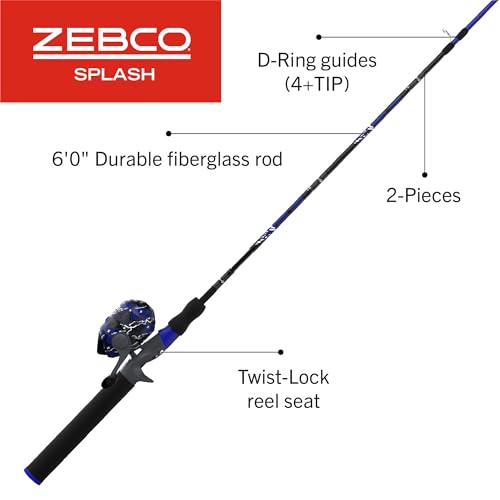 Zebco Splash Spincast Reel and Fishing Rod Combo, Fiberglass Rod, Ball Bearing System, All Metal Gears, 8-Pound Line - color: Z-Splash Blue