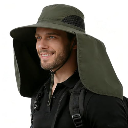 HUAMULAN Women Large Brim Sun Hat with Neck Flap, Men Quick Dry Hiking Fishing Safari Hat UPF 50+ - color: Yq005-armygreen