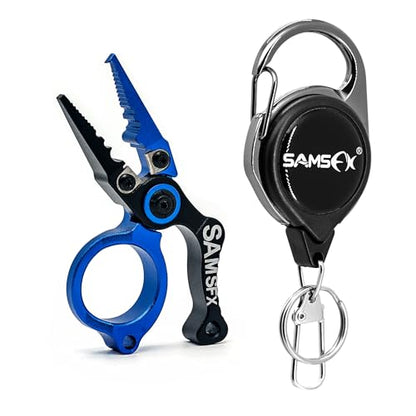 SAMSFX Mini Fishing Pliers with Fly Fishing Zinger Retractor, Fish Hook Remover Tool, Split Ring Pliers for Saltwater & Freshwater, Tungsten Carbide Cutters, Fishing Gear Gift for Anglers - color: Blue
