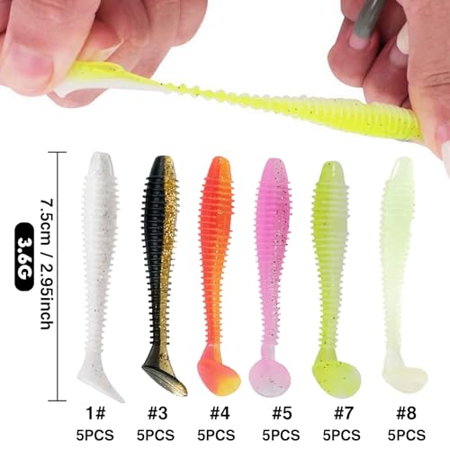 Eupheng 2.5inch/3inch Paddle Tail Swimbaits, T-Tail Ribbed Soft Plastic Fishing Lures for Bass Trout Crappie Walleye Saltwater Freshwater Fishing - size: 3 inch - 30 PCS