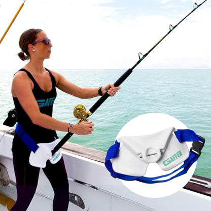 GAFFER SPORTFISHING Adjustable Fishing Belt & Shoulder Harness - Safety Buckle with Foam-Padded Straps Fish Rod Holder - color: Waist Rod Holder - White & Blue