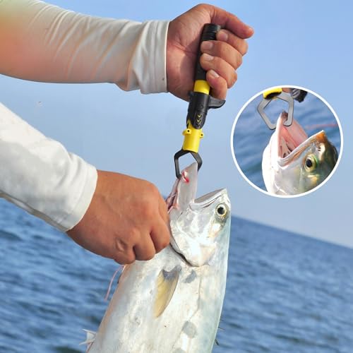 RoundFunny Fish Lip Gripper Pliers, Combo Fishing Tool Kit Stainless Steel Multifunction Hook Remover, Split Ring Pliers with Lanyards Sheath for Fly, Easter Fishing Basket Gift Gear Men Women - color: Yellow