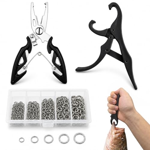 200PCS Fishing Split Rings Kit, Split Ring Pliers & 4.7'' Fish Lip Gripper, 5 Sizes Heavy Duty Stainless Steel Lure Hook Connectors, 30-120lb Tackle Assortment for Saltwater Freshwater Fishing