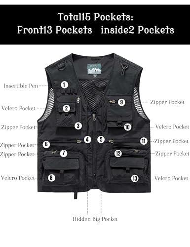 Men's Lightweight Mesh Fishing Vest Utility Outdoor Multi-Pocket Hunting Cargo Vest - color: Black, size: Medium