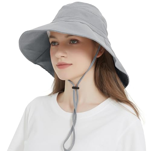 Women's Cotton Sun Hat with Neck Flap, UV Protection Wide Brim Outdoor Hat | Adjustable Fit, Moisture-Wicking & Breathable, Packable & Lightweight for Fishing Hiking Gardening Beach Safari - color: Dark Grey