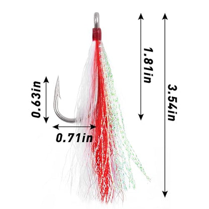Bucktail Teasers Fishing Hooks Saltwater Flounder Rig Bucktail Mylar Teasers Inserted Stainless Steel Fishing Teaser Hooks for Striped Bass Trout Catfish Cod Flounder Hi/Lo Rig Jigs Spoons Lures - color: Red, size: 12pcs