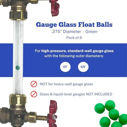 .275" Diameter Green Float Balls | Green Gauge Glass Float Balls for 1/2" Glass | 6 Pack | Boiler Liquid Level Sight Gauge Balls