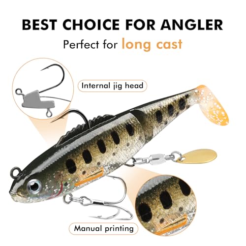 TRUSCEND Shadtale Easy Catch Soft Fishing Lures with BKK Hooks - Trembly Sinking and Vibrating Swim for More Bites, Pre-Rigged Swimbaits for Bass, Trout, Crappie, Walleye, Freshwater Saltwater Fishing - color: D1-3.5"-0.6oz